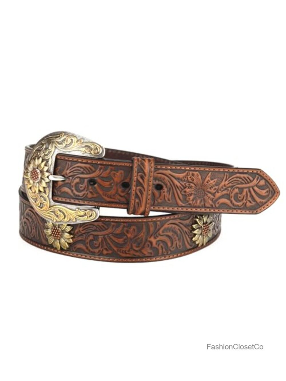Floral Tooled Leather Sunflower Concho Belt Pull On Western Style